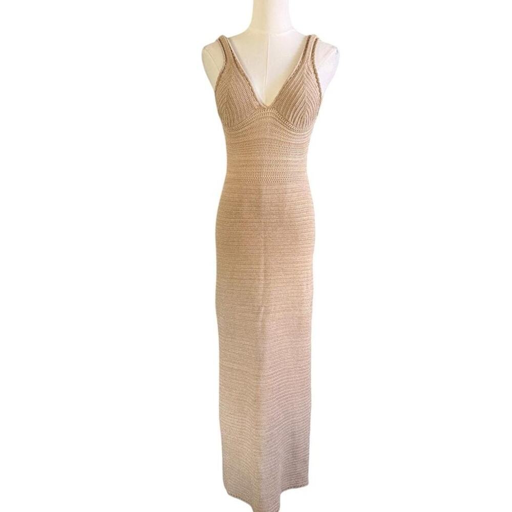 Torn‎ by Ronny Kobo Tan Metallic Knit Sleeveless Open Back Maxi Dress Small